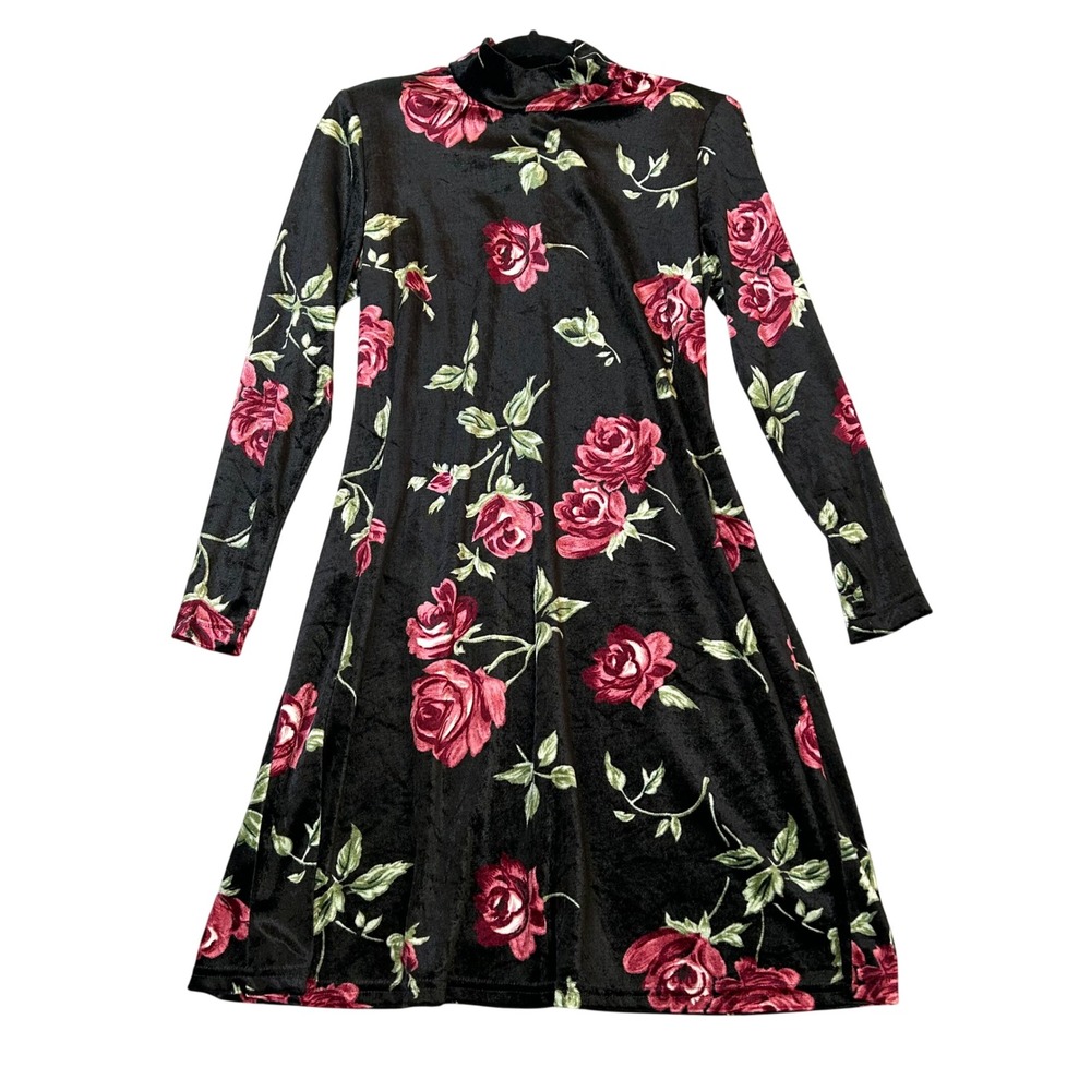 VTG 90s Molly Malloy Whimsigoth Grunge Velvet Roses Cottage Dress Mock Neck M